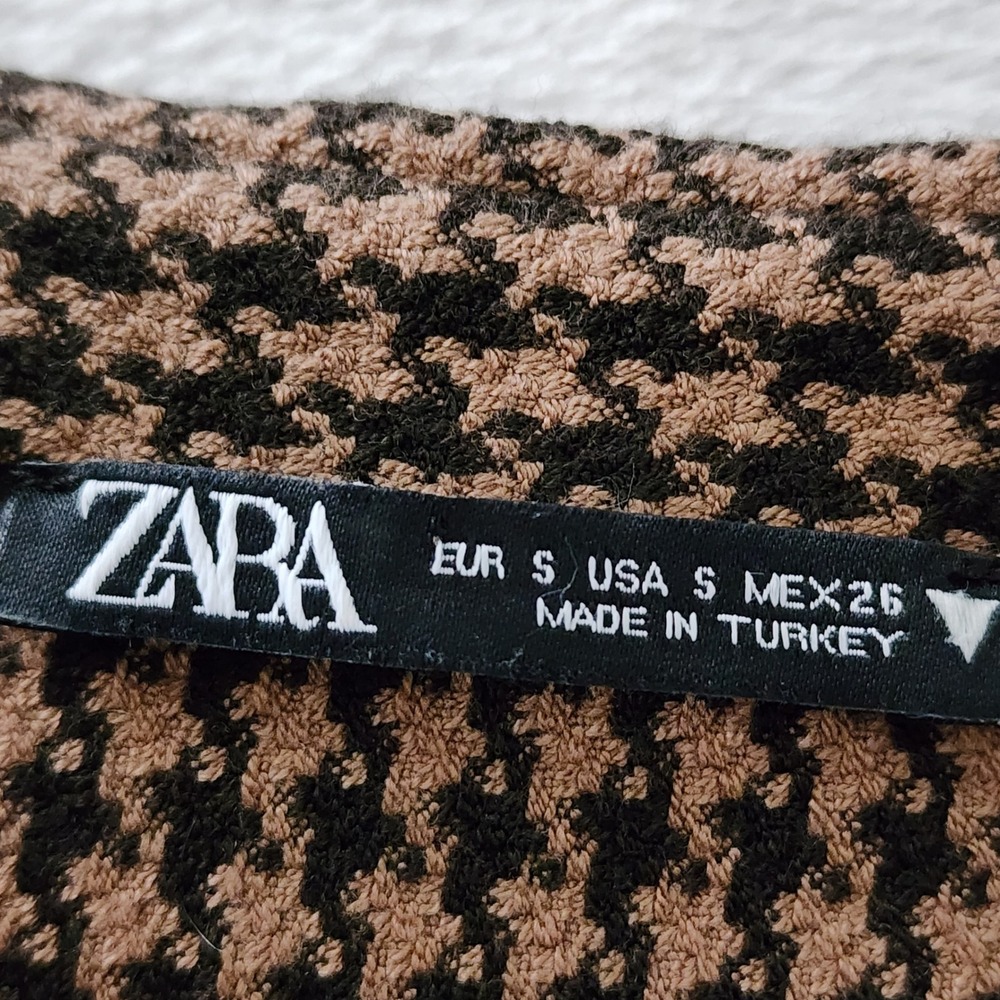 Zara Houndstooth Crop Top Womens Small Brown Black Collared Academia Preppy - Picture 6 of 12